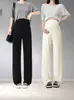 Pantalones de Maternidad Verano Delgados Alta Elasticidad Seda de Hielo Pierna Ancha Casual Largos para Primavera y Otoño Ropa Exterior Leggings de Embarazo