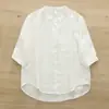 Novo Cardigã de Verão com Gola Alta e Mangas de Cinco Pontos Versátil Emagrecedor Algodão Linho Manga Média Camisa Casual Top de Manga Curta Feminino