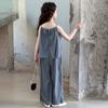 Traje de verano para niñas 2025 Moda para niñas Estilo coreano Elegante Lino Algodón Tirantes Pantalones Casuales Conjunto de dos piezas