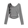 Ropa de Mujer al por Mayor Transfronteriza Camiseta Gris de Manga Larga para Mujer Primavera y Otoño Corbata de Lazo Cuello Asimétrico Top de Punto
