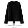 Cárdigan de punto de cachemira acanalado tridimensional para mujer, cuello redondo, mangas largas, corte holgado, casual, versátil, con cordón en la cintura y cierre de botones