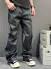 Calça Jeans Masculina Retrô Americana Lavada Preto Cinza Desgastada Botão Solta Reta Perna Larga Comprimento no Chão Tendência