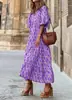 Comércio Exterior Transfronteiriço Novo Vestido Feminino Solto Moda Boêmia Decote V Manga Lanterna Elegante Estampado Vestido Longo