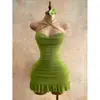 Comércio Exterior Roupas Femininas, Novo Estilo de Verão Romântico Férias Cor Sólida Costas Nuas Bainha Franzida Gola Halter Mini Vestido