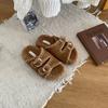 Otoño e Invierno 2025 Estilo Coreano Zapatillas Peludas de una Sola Línea Ropa de Abrigo para Mujer Zapatillas de Algodón Cálidas con Suela Gruesa Zapatillas Peludas
