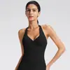 Top de yoga cruzado estilo europeo y americano con cuello halter y sujetador incorporado, cuello en V, ropa deportiva para fitness, diseño sin espalda, top de yoga con sensación de segunda piel para mujer