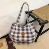 Bolsa tote de urso xadrez multicolorida estilo coreano para mulheres, grande capacidade, adequada para ir ao trabalho, estudantes, versátil, bolsa de ombro casual