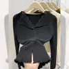 Blusa de tricô com gola V em renda estilo francês e mangas compridas com acabamento de babados para mulheres, nova coleção primavera 2026, slim fit, base