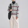 Suéter Rosa de Lana 100% Estilo Retro Coreano con Rayas en Contraste y Cremallera para Mujer Otoño e Invierno W5247