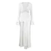 Vestido Blanco Sexy de Encaje Blanco Puro Estilo Deseo Europeo y Americano para Mujer, Corte Ajustado, Escote en V Profundo de Moda, Mangas con Volantes, Vestido Largo