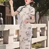 Estilo Chino Retro Botón Modificado Qipao Pintura a Tinta Paisaje Estampado Verano Vestido Largo Mujer Elegante Largo Abertura Falda Larga