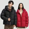 Chaqueta corta de plumón de invierno 2025 para hombre y mujer, engrosada y cálida, con capucha, marca moderna 90 de plumón de pato blanco, para parejas