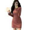 Estilo Nuevo Otoño e Invierno Estilo Hermana Real Temperamento de Gama Alta Falda de Longitud Media Cuello Redondo Francés Color Sólido Vestido de Punto de Nicho para Mujer