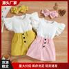 Exportación Europea y Americana Especialmente Diseñado para Bebés y Niños Pequeños de Primavera y Verano, Conjunto de Tres Piezas con Tops de Mangas Cortas de Color Sólido, Faldas Cortas y Accesorios para la Cabeza