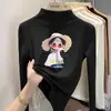 Camiseta básica de cuello alto a media altura para niña de dibujos animados, nuevo estilo primavera/otoño/invierno, top de manga larga con forro polar para niños de talla mediana y grande