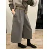 Recomendado! Calça de lã solta cor castanho claro para mulheres, novo estilo outono/inverno, calça cropped de cintura alta e perna larga para pessoas baixinhas