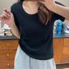 Camiseta Feminina Decote U Gota d'Água Fio de Alto Peso Algodão Puro Manga Curta para Mulheres Ins Camiseta Básica Feminina Primavera e Verão Slim