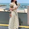 Vestido de Verano Nuevo Dulce y Juvenil con Bloques de Color, Lunares y Mangas Abullonadas con Lazo Adelgazante para Mujer de Aliexpress Europeo y Americano