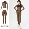 Conjunto de Yoga Transfronterizo para Mujer de Primavera y Otoño, Chaqueta de Manga Larga con Cuello Alto y Bloques de Color, Conjunto de Pilates y Fitness de Cintura Alta para Cadera de Durazno