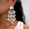 Pendientes de Aguja de Plata Transfronterizos con Borlas Cuadradas de Gota de Agua Incrustadas de Diamantes, Pendientes Sencillos y de Moda con un Diseño de Lujo Ligero y de Alta Gama