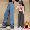 Comércio Exterior Roupas Infantis Meninas Calça Jeans com Plus Veludo Outono Inverno 2026 Novo Crianças de Médio a Grande Macacão de Veludo Calça Wide Leg Inverno