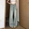 Pantalones vaqueros anchos lavables para mujer de cuatro estaciones, pantalones rectos de verano finos de cintura alta, pantalones de pierna ancha plisados para mujer petite hasta el suelo