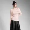 Tricô Francês de Uma Manga com Gola de Babados para Mulheres Ombro a Ombro Slim Fit Camada Base Outono/Inverno Suéter com Toque de Luxo