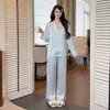 Nuevo Conjunto de Pijama Sencillo Estilo Coreano para Verano 2026 con Ribete de Encaje y Rayas Azul Claro, Ropa Casual para el Hogar para Mujeres