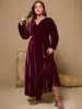 Vestido de Terciopelo de Color Sólido con Mangas de Linterna, Cintura Ajustada y Cuello en V para Mujer, Transfronterizo Europeo y Americano, Talla Grande, 2025
