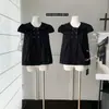 Algodão Lyocell Tencel Manga Curta Dupla Face Blusa Estilo Boneca Top Feminino Verão Barra com Letra Top Sem Manga Preto