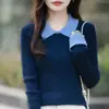 26 Estilos Moda Versátil Cuello Solapa Bloque de Color Falso Dos Piezas Tejido Manga Larga Parche de Color Adelgazante Capa Base Top Elegante