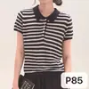 Top de punto a rayas con cuello polo estilo francés de manga corta para mujer, casual de verano y versátil, camiseta adelgazante de seda helada