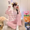 Pijama Nuevo de Manga Larga para Mujer Otoño 2026, Tela Elástica a Rayas, Similar al Algodón, Conjunto de Ropa de Casa Dulce de Niña con Cuello Redondo, Estilo Delgado