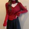 Puro deseo cuello en V adelgazante manga abullonada suéter interior top halter mujer primavera nuevo elegante rojo suéter moda