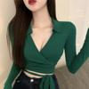 2025 Primavera e Outono Estilo Puro Desejo Sexy Decote em V Laço Tricô Camisa Base para Mulheres com Design Único para Sobreposição Tops Estudante