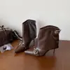 2026 Moda Coreana Nueva Botines de Tacón Bajo Otoño Invierno Ámbar Punta Fina Correa de Hebilla Botines de Tacón Delgado
