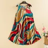 Vestido Colete de Algodão e Seda Plus Size Verão Novo Estilo Étnico Roupas Femininas Retrô Literário Estampado Sem Mangas Saia Longa