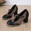 Salto Alto Feminino Estilo Britânico Retrô Patchwork Salto Bloco Salto Alto Tira em T Tira no Tornozelo Comércio Exterior Sapatos Femininos de Salto Alto