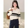 Suéter retro de rayas con cuello camisero y media cremallera de manga larga para mujer, top de punto para otoño