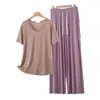 Pijama de Modal para Mujer, Estilo Veraniego Delgado, Tallas Grandes, Manga Corta, Pantalón Largo, Pantalón Casual Holgado de Pierna Ancha, Conjunto para Estar en Casa, Se Puede Usar Afuera