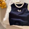 Chal Color Crema Verano 2025 Estilo Japonés Marca de Moda Tb Cachorro Camiseta sin Mangas para Niños y Niñas, Elegante Camiseta Informal para Niños Pequeños