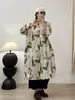 Vestido de Algodão com Manga Longa, Gola Redonda, Botões na Frente, Estampado, Slim, Estilo Literário Japonês, Outono 2025, para Mulheres