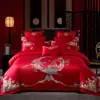 100% algodón puro, algodón de fibra larga, juego de ropa de cama bordada de cuatro piezas para boda, juego de siete piezas para la habitación de la novia, incluyendo relleno de edredón y relleno de almohada, ropa de cama para bodas
