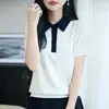 Camiseta Tricô Colorblock Manga Curta com Gola Polo Feminina 2026 Nova Chegada de Verão Top Ombro Normal Camada Base Fina