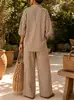 Comercio Exterior Transfronterizo Camisa Rayada Pantalones de Pierna Ancha Conjunto de Dos Piezas Solapa Mangas Abullonadas Cordón Estilo Casual Vacacional Ropa para Mujer Verano