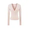 Camiseta pura e desejável para mulheres, estilo hot girl, decote V profundo, acinturada, manga longa, novo estilo de outono, elástica, justa ao corpo, top interno modelador