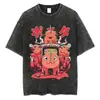 Camiseta Vintage Lavada do Anime Chainsaw Man com Gola de Marinheiro e Padrão Listrado, Camiseta Unissex Respirável e Confortável, Fabricada na China