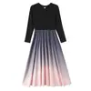 Deslumbrante e único vestido longo de manga comprida em linha A com gradiente preto no estilo Chanel, adequado para primavera e outono, roupas femininas plus size para senhoras plus size
