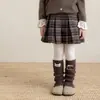 Zapatos, algodón, calcetines para niñas, estampado de cuadros, etiqueta de tela abotonada, calcetines con volantes, color café retro, hilo de punto, calentadores de piernas para niñas