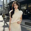 Chaleco de punto de lana con forro polar, estilo simple para otoño e invierno, cuello alto, manga corta, holgado para mujer, chaleco de punto sin mangas para superponer